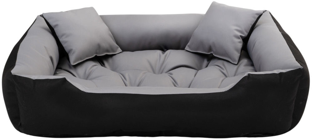 Legowisko dla psa PRESTIGE Ecco M Jasnoszary 75 x 65 x 20 cm Zdjęcie produktu przedstawiające puste, prostokątne legowisko dla psa w kolorach czarnym (zewnętrzna ściana) i jasnoszarym (wnętrze). Legowisko ma wysokie, wypełnione brzegi i zawiera dwie małe, szare poduszki.
