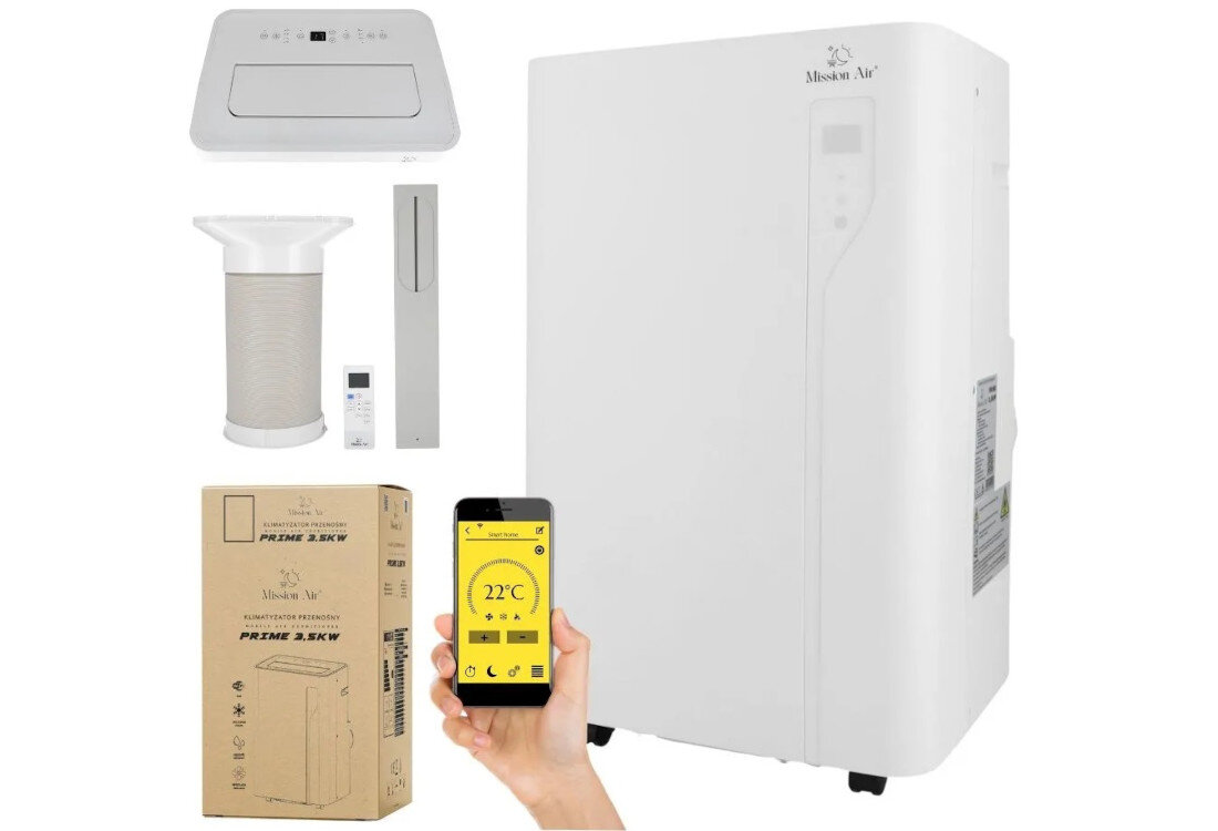 Na obrazie widoczny jest biały klimatyzator z logo \'Mission Air\', obok którego znajduje się kartonowe opakowanie z napisem \'Mission Air PRIME 3.2KW\'. W dolnej części zdjęcia ręka trzyma smartfon z aplikacją pokazującą temperaturę 22°C.