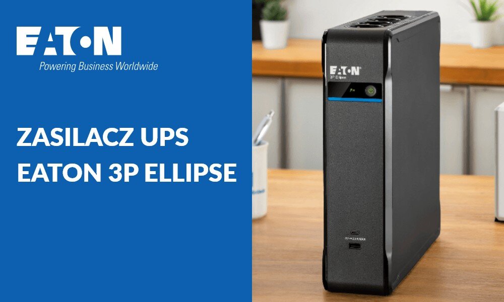 Na obrazie widoczny jest zasilacz UPS marki EATON z napisem \'EATON Powering Business Worldwide\' oraz \'ZASILACZ UPS EATON 3P ELLIPSE\'. Zasilacz stoi na drewnianym blacie, a w tle znajdują się rośliny w doniczkach.