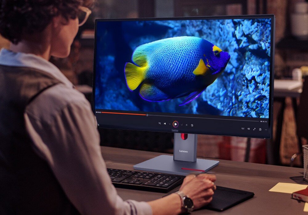 Monitor LENOVO ThinkVision P34WD-40 Osoba siedząca tyłem do widza pracuje przy biurku używając tabletu graficznego i klawiatury, patrząc na monitor na którym wyświetlany jest film z niebieską rybą płynącą wśród rafy koralowej, opis