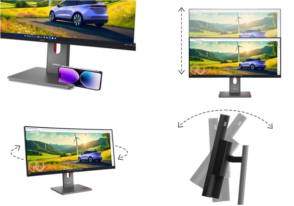 Monitor LENOVO ThinkVision P34WD-40 Zestaw czterech grafik prezentujących możliwości regulacji monitora: podstawkę z telefonem umieszczonym w specjalnym uchwycie, regulację wysokości góra-dół, obrót ekranu w poziomie oraz zmianę kąta nachylenia przód-tył, podstawa, ergonomia, regulacja
