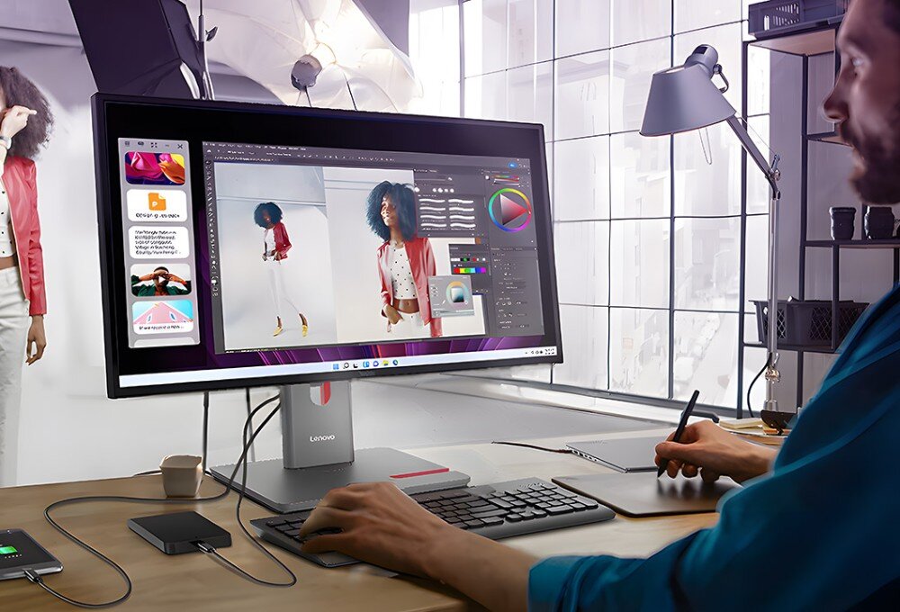 Monitor LENOVO ThinkVision P34WD-40 Mężczyzna z profilu siedzi przed szerokim monitorem i rysuje rysikiem po tablecie graficznym, na ekranie widoczny jest interfejs programu do edycji grafiki ze zdjęciami modelki, a na biurku obok klawiatury leży smartfon i dysk zewnętrzny, cechy, materiały
