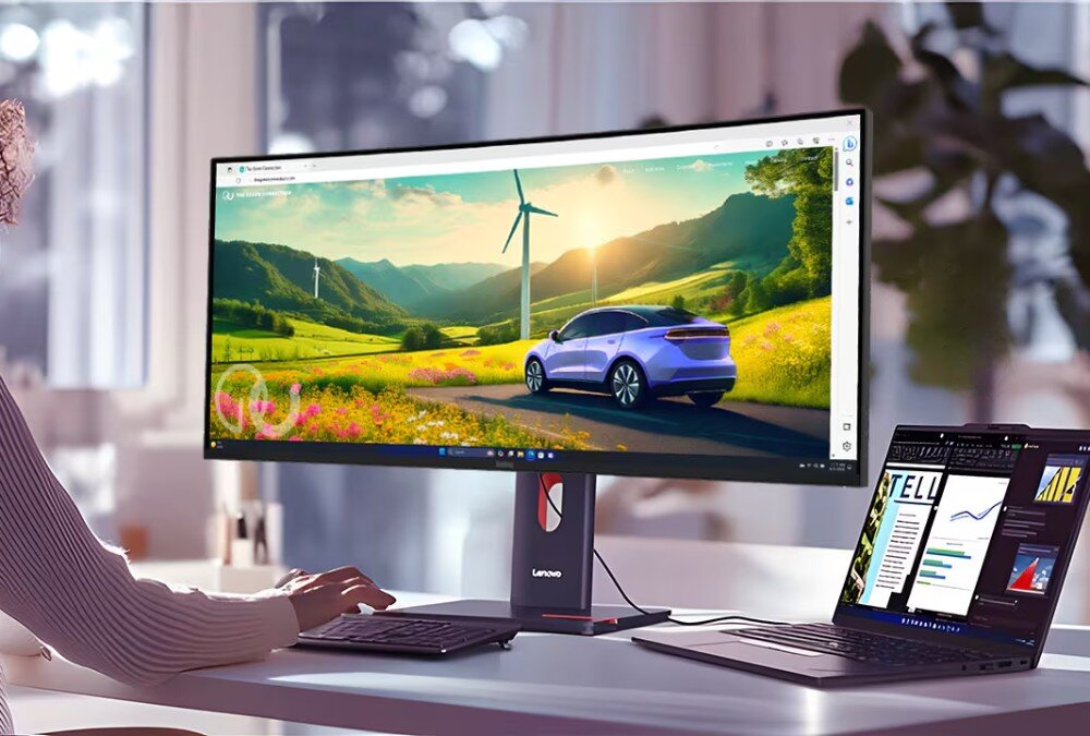 Monitor LENOVO ThinkVision P34WD-40 Jasne pomieszczenie biurowe, w którym osoba pracuje przy szerokim, zakrzywionym monitorze wyświetlającym krajobraz z turbinami wiatrowymi i fioletowym samochodem, a obok stoi laptop wyświetlający dokumenty tekstowe i wykresy, ochrona wzroku, certyfikaty