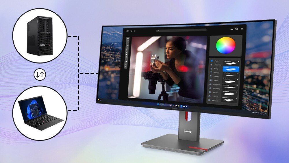 Monitor LENOVO ThinkVision P34WD-40 Grafika przedstawiająca monitor z interfejsem programu graficznego, po którego lewej stronie znajdują się dwa koła połączone liniami przerywanymi: górne z obrazem komputera stacjonarnego i dolne z laptopem, złącze USB-C, Power Delivery
