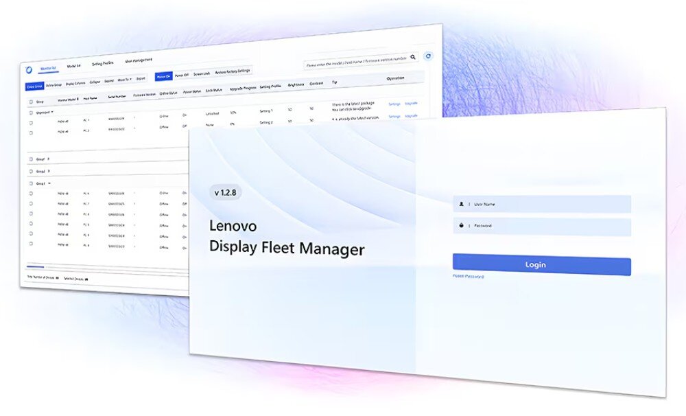 Monitor LENOVO ThinkVision P34WD-40 Dwa nałożone na siebie okna programu komputerowego, na pierwszym planie widoczny panel logowania z napisem 'Lenovo Display Fleet Manager', a w tle tabela z listą urządzeń i parametrami technicznymi, oprogramowanie, aktualizacja, zdalna regulacja