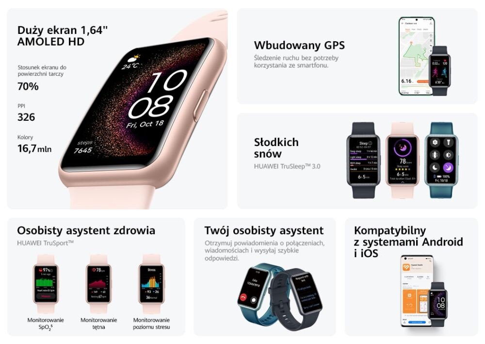 Smartwatch HUAWEI Watch Fit SE   ekran bateria czujniki zdrowie sport pasek ładowanie pojemność rozdzielczość łączność sterowanie krew puls rozmowy smartfon aplikacja 