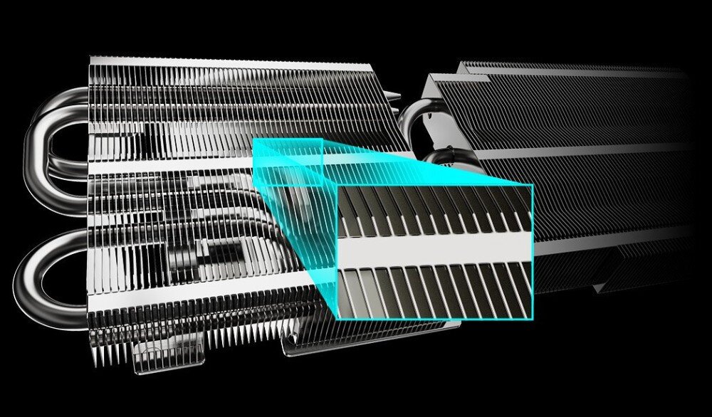 Karta graficzna ASROCK Radeon RX 9060 XT Steel Legend 16GB OC Zbliżenie na aluminiowe żeberka radiatora i rurki cieplne. Jedna sekcja żeberka jest wyróżniona niebieską ramką, rurki cieplne, radiator, podstawa
