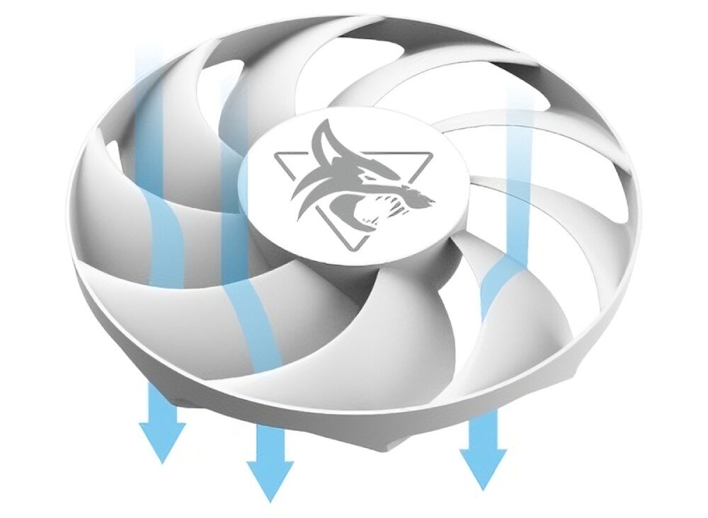 Karta graficzna POWERCOLOR Radeon RX 9060 XT Hellhound Spectral White 16GB Zbliżenie na wentylator komputera z dziewięcioma łopatkami. Nad wentylatorem widoczne są strzałki symbolizujące przepływ powietrza w dół. Na środku znajduje się symbol wilka, wentylatory, sterowanie, łopatki