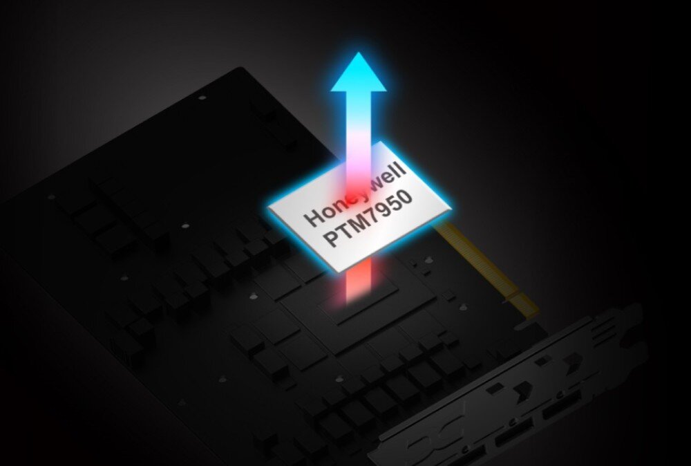 Karta graficzna POWERCOLOR Radeon RX 9060 XT Hellhound Spectral White 16GB Ilustracja pokazuje ciepło unoszące się z podzespołu komputera. Na prostokątnej części widnieje napis 'Honeywell PTM7950'. Nad nią znajduje się strzałka skierowana ku górze, oznaczająca odprowadzanie ciepła, radiator, ciepłowody, pasta termiczna