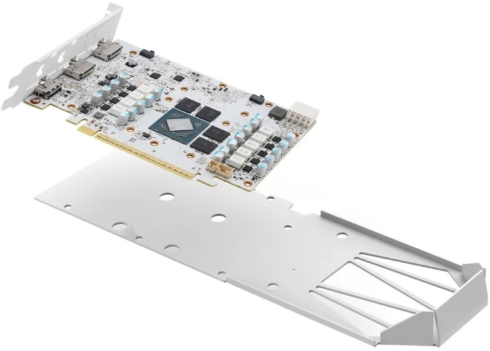 Karta graficzna POWERCOLOR Radeon RX 9060 XT Hellhound Spectral White 16GB Obraz przedstawia kartę graficzną z częściowo zdjętym metalowym backplate'em. Widoczne są elementy elektroniczne i złącze PCIe. Na układzie graficznym umieszczono pastę termoprzewodzącą, płytka PCB, warstwy, metalowy backplate, podświetlenie