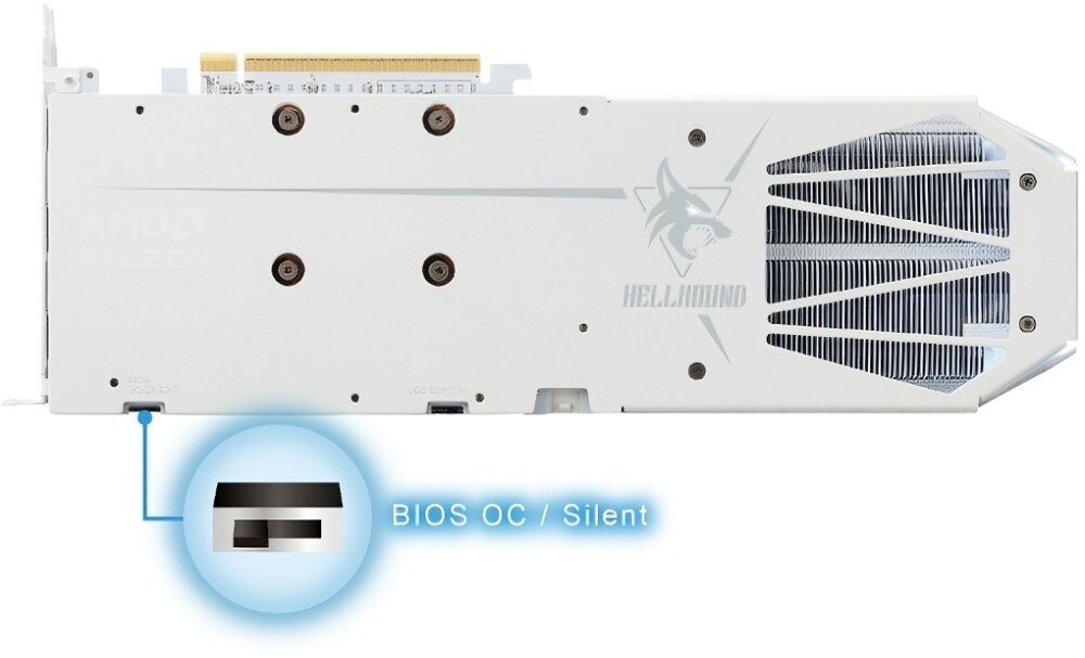 Karta graficzna POWERCOLOR Radeon RX 9060 XT Hellhound Spectral White 16GB Widok tylnej części karty graficznej z logotypem wilka oraz napisem 'Hellhound Spectral White'. Na dole widoczna jest grafika podświetlonego przełącznika trybu BIOS z podpisem 'BIOS OC / Silent', tryb Dual BIOS, działanie