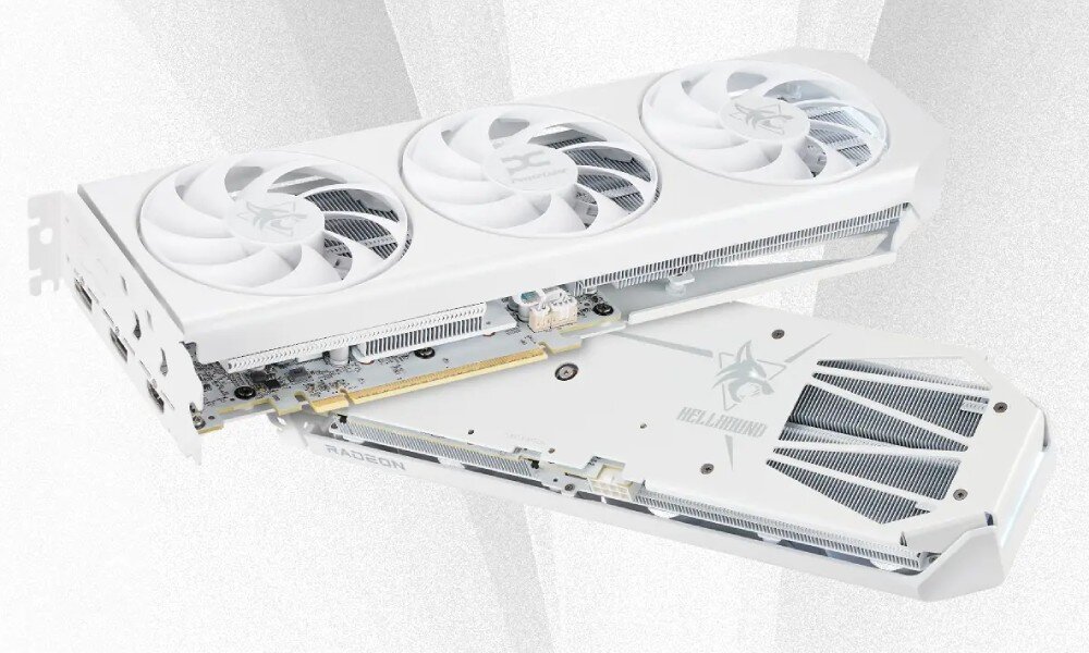 Karta graficzna POWERCOLOR Radeon RX 9060 XT Hellhound Spectral White 16GB Obraz prezentuje tył karty graficznej z wycięciem odsłaniającym radiator. Na obudowie umieszczono logo wilka oraz napis 'Hellhound Spectral White'. Krawędź karty jest podświetlona na niebiesko, wygląd, styl, obudowa, komponenty