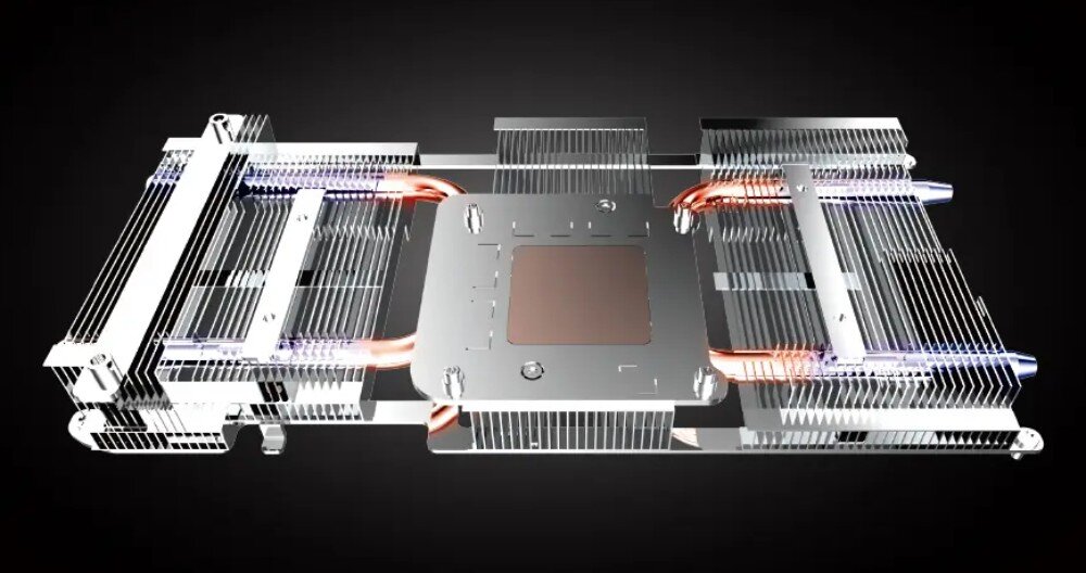 Karta graficzna POWERCOLOR Radeon RX 9060 XT Reaper 16GB Biały Przezroczysty model układu chłodzenia z rurkami cieplnymi i żebrowaniem. Widoczna miedziana podstawa umieszczona centralnie, miedziana podstawa, chłodzenie