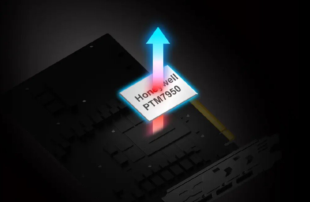 Karta graficzna POWERCOLOR Radeon RX 9060 XT Reaper 16GB Biały Schematyczna ilustracja podzespołu z napisem 'Honeywell PTM7950', nad którym unosi się strzałka symbolizująca odprowadzanie ciepła, pasta termoprzewodząca, radiator