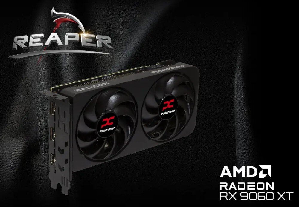 Karta graficzna POWERCOLOR Radeon RX 9060 XT Reaper 8GB Grafika przedstawiająca kartę graficzną z dwoma wentylatorami i logo 'PowerColor' na czarnym tle. W lewym górnym rogu znajduje się stylizowane logo z napisem 'Reaper', a w prawym dolnym rogu oznaczenie 'AMD Radeon RX 9060 XT', opis