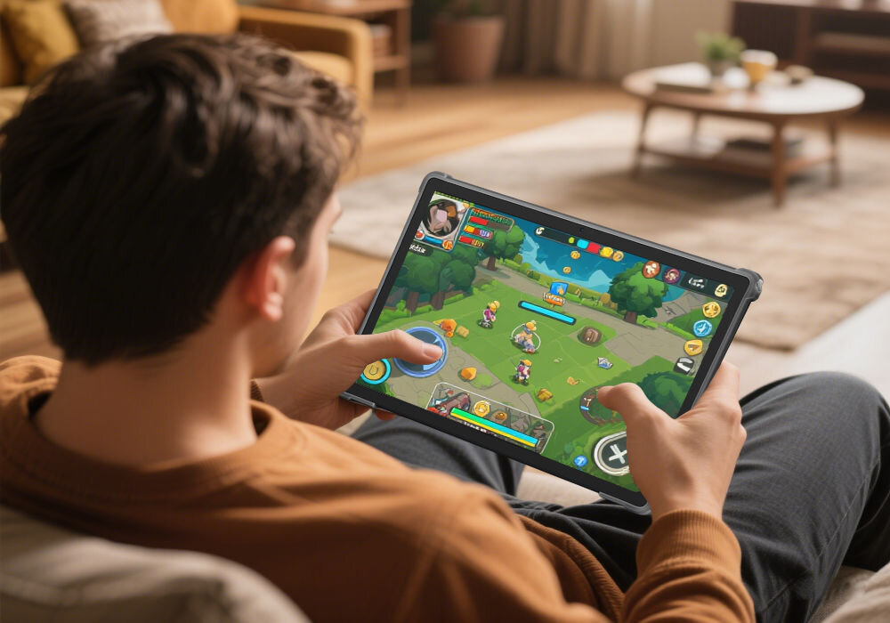 Tablet OSCAL Pad 80 10.51 cali 6/256 GB Wi-Fi Szary prezentacja urządzenia podczas codziennego korzystania mężczyzna trzymający tablet w pokoju dziennym granie w gry 