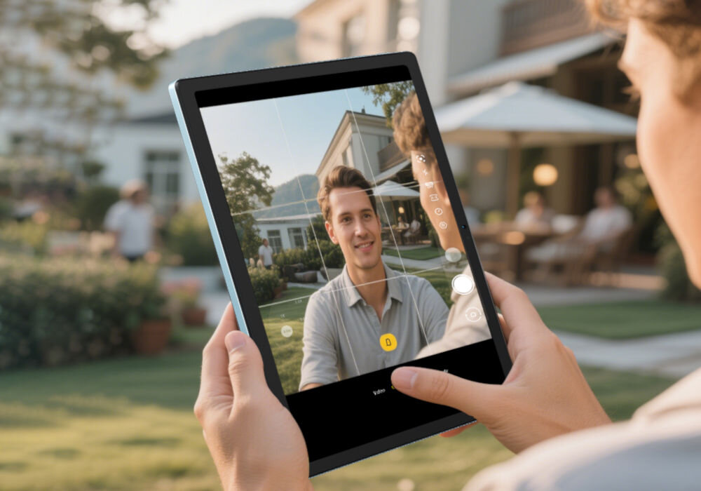 Tablet OSCAL Pad 80 10.51 cali 6/256 GB Wi-Fi Szary wizualizacja urządzenia podczas robienia zdjęcia selfie na dworze dwa głośniki czysty mocny dźwięk filmy muzyka wideorozmowy przedni aparat 8 MP tylny 13 MP autofokus