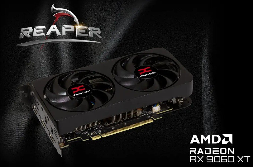 Karta graficzna POWERCOLOR Radeon RX 9060 XT Reaper 16GB Grafika przedstawiająca kartę graficzną z dwoma wentylatorami i logo 'PowerColor' na czarnym tle. W lewym górnym rogu znajduje się stylizowane logo z napisem 'Reaper', a w prawym dolnym rogu oznaczenie 'AMD Radeon RX 9060 XT', opis