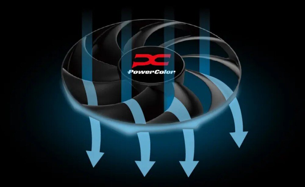 Karta graficzna POWERCOLOR Radeon RX 9060 XT Reaper 16GB Grafika wentylatora z logo 'PowerColor' w centrum, wokół którego przedstawiono schematyczne strzałki wskazujące przepływ powietrza w dół, wentylatory, łopatki, łożyska