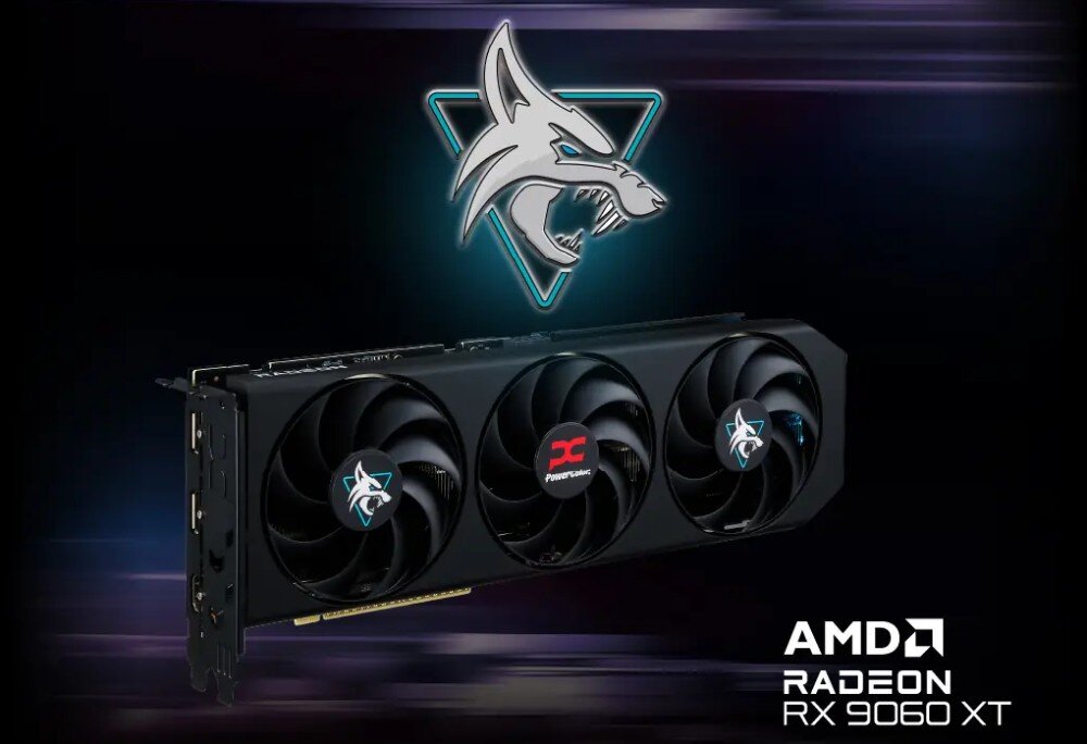 Karta graficzna POWERCOLOR Radeon RX 9060 XT Hellhound 8GB Obraz przedstawia kartę graficzną z trzema dużymi wentylatorami, na których znajdują się dwa logotypy w kształcie wilczego pyska oraz logo producenta na środkowym wentylatorze. W tle widać ten sam symbol wilka w neonowej oprawie, opis