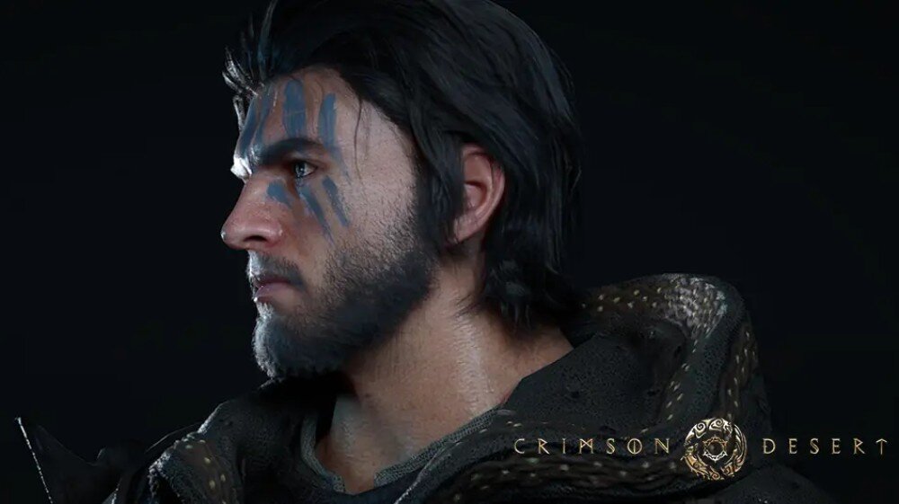 Karta graficzna POWERCOLOR Radeon RX 9060 XT Hellhound 8GB Portret mężczyzny z ciemnymi włosami i zarostem, z niebieskimi malunkami na twarzy. Ubrany w skórzaną pelerynę, patrzy w lewo. W dolnym rogu znajduje się logo gry 'Crimson Desert', silnik medialny, funkcje