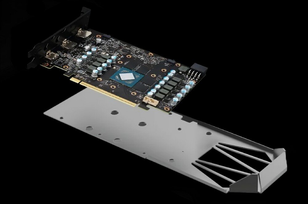 Karta graficzna POWERCOLOR Radeon RX 9060 XT Hellhound 8GB Obraz przedstawia kartę graficzną z częściowo zdjętym metalowym backplate'em. Widoczne są elementy elektroniczne i złącze PCIe. Na układzie graficznym umieszczono pastę termoprzewodzącą, płytka PCB, warstwy, metalowy backplate, podświetlenie