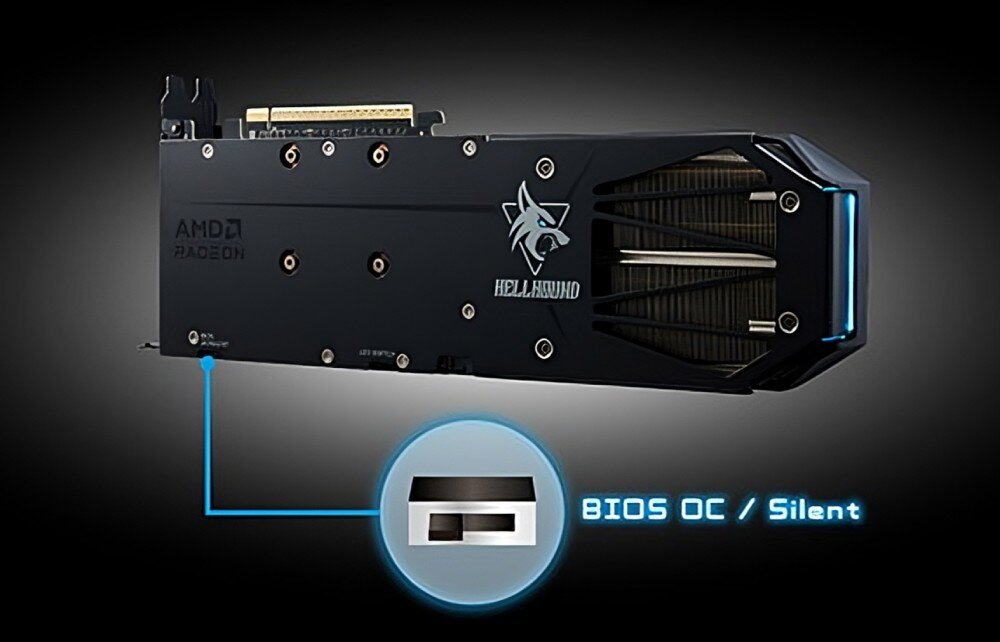 Karta graficzna POWERCOLOR Radeon RX 9060 XT Hellhound 8GB Widok tylnej części karty graficznej z logotypem wilka oraz napisem 'Hellhound'. Na dole widoczna jest grafika podświetlonego przełącznika trybu BIOS z podpisem 'BIOS OC / Silent', tryb Dual BIOS, działanie