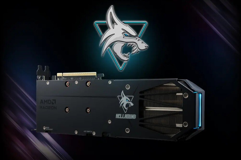 Karta graficzna POWERCOLOR Radeon RX 9060 XT Hellhound 8GB Obraz prezentuje tył karty graficznej z wycięciem odsłaniającym radiator. Na obudowie umieszczono logo wilka oraz napis 'HELLHOUND'. Krawędź karty jest podświetlona na niebiesko, wygląd, styl, obudowa, komponenty