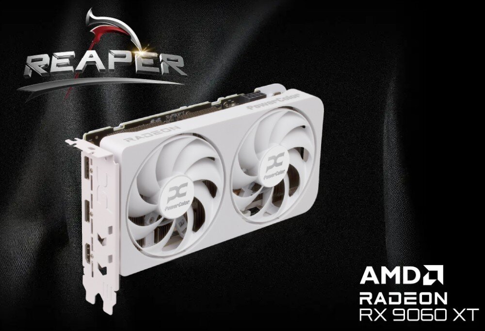 Karta graficzna POWERCOLOR Radeon RX 9060 XT Reaper 8GB Biały Grafika przedstawiająca kartę graficzną z dwoma wentylatorami i logo 'PowerColor' na czarnym tle. W lewym górnym rogu znajduje się stylizowane logo z napisem 'Reaper', a w prawym dolnym rogu oznaczenie 'AMD Radeon RX 9060 XT', opis