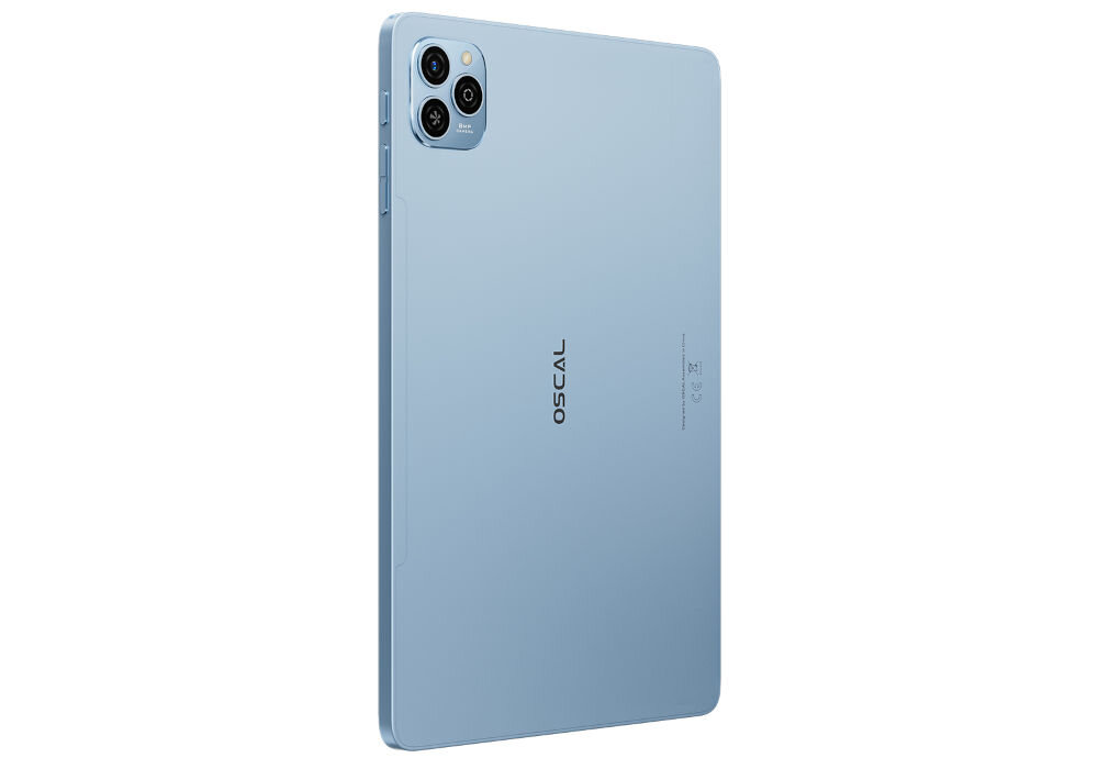 Tablet OSCAL Pad 9 10.1 cali 4/128 GB Wi-Fi LTE Niebieski prezentacja urządzenia od tyłu pod kątem na białym tle głośniki stereo czysty dynamiczny dźwięk obsługa popularnych formatów audio i video kompatybilność