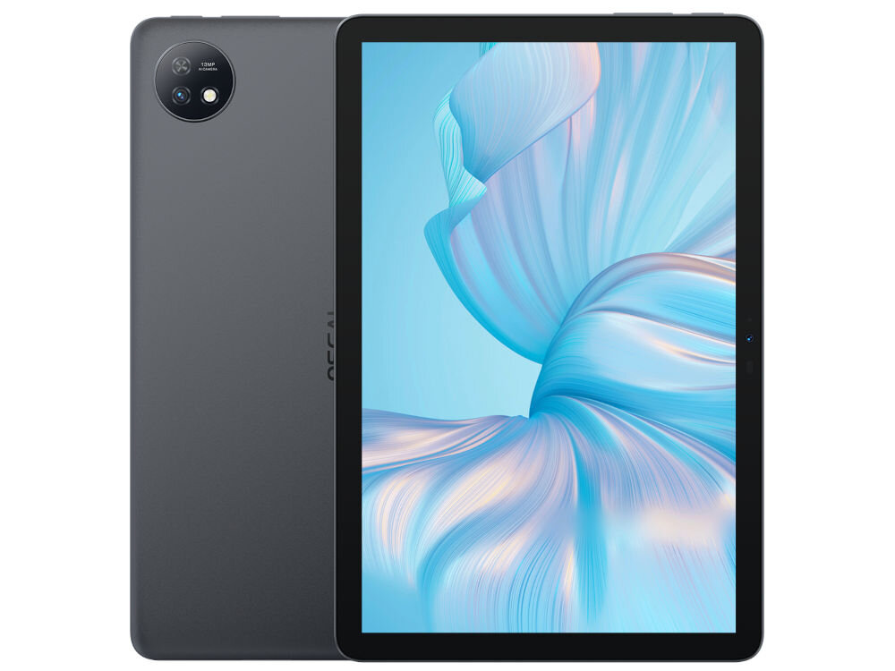 Tablet OSCAL Pad 7 10.1 cali 4/128 GB Wi-Fi LTE Szary prezentacja urządzenia od frontu i tyłu na białym tle jakość i komfort pracy ośmiordzeniowy procesor Unisoc T606 12 GB łącznej pamięci RAM sprawne działanie aplikacji Android 14 wsparcie popularnych aplikacji
