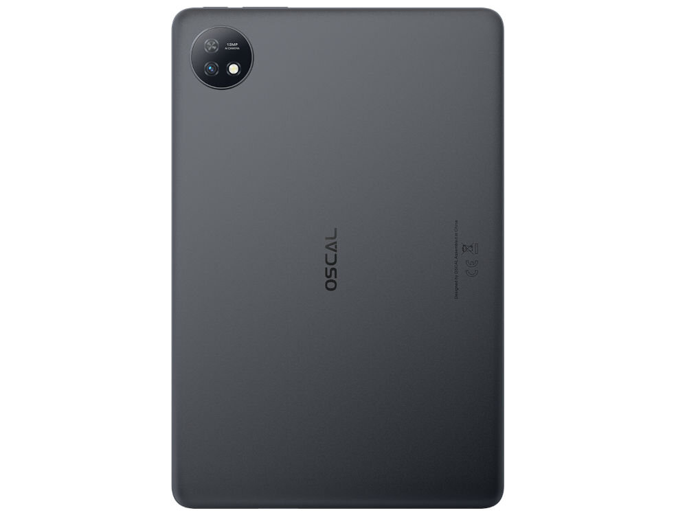 Tablet OSCAL Pad 7 10.1 cali 4/128 GB Wi-Fi LTE Szary prezentacja urządzenia od tyłu na białym tle bateria 6600 mAh do 20 godzin odtwarzania muzyki lub do 6 godzin oglądania filmów pełne naładowanie urządzenia w około 3 godziny podróż praca zdalna