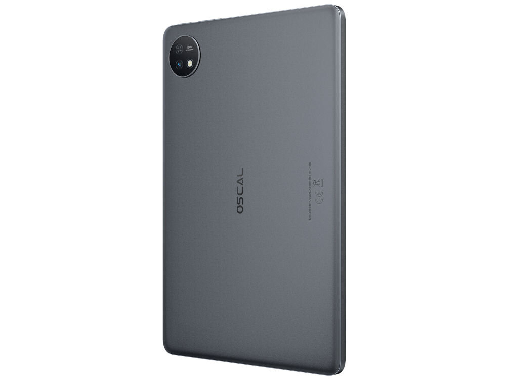 Tablet OSCAL Pad 7 10.1 cali 4/128 GB Wi-Fi LTE Szary prezentacja urządzenia tył pod kątem na białym tle przedni aparat 8 MP tylny 13 MP autofokus lampa LED wideokonferencja zdjęcia dokumentów jakość Full HD