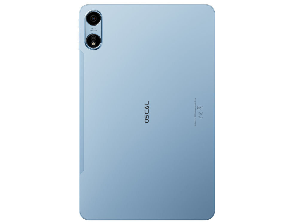 Tablet OSCAL Pad 100 12 cali 8/256 GB LTE Wi-Fi Niebieski prezentacja urządzenia od tyłu na białym tle ośmiordzeniowy procesor UMS9230E T615 grafika Mali-G57 8 GB pamięci RAM typu DDR4X z opcją rozszerzenia do 24 GB płynne działanie aplikacji