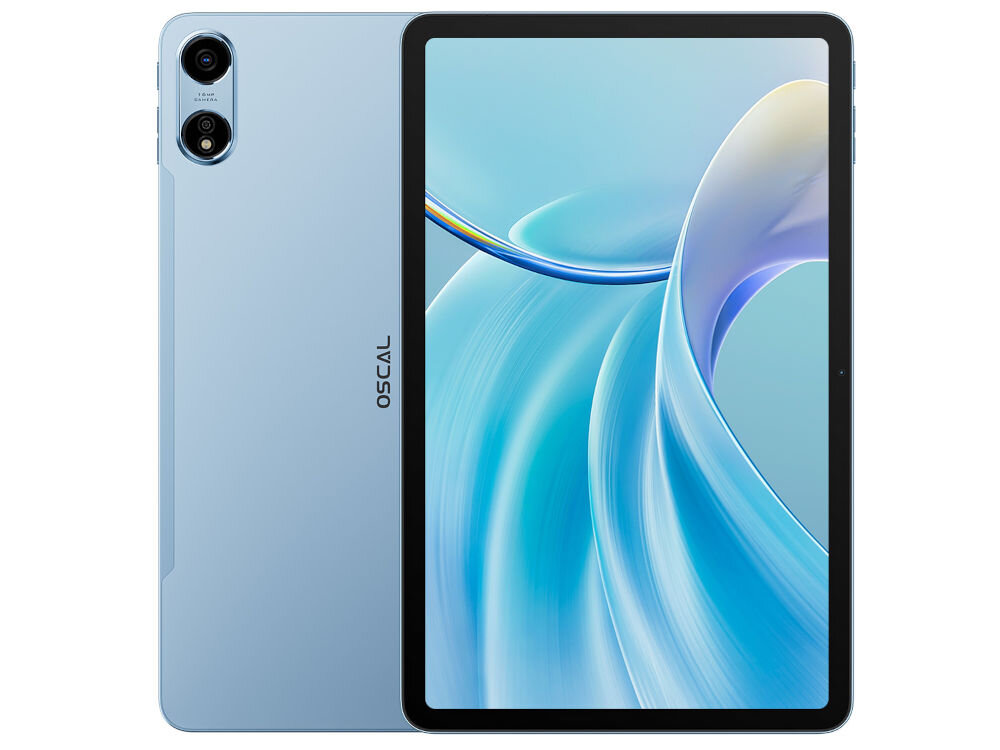 Tablet OSCAL Pad 100 12 cali 8/256 GB LTE Wi-Fi Niebieski prezentacja urządzenia od frontu i tyłu na białym tle Wi-Fi 2.4/5 GHz Bluetooth 5.0 internet mobilny