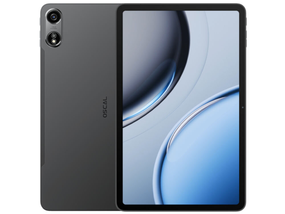 Tablet OSCAL Pad 100 12 cali 8/256 GB LTE Wi-Fi Szary prezentacja urządzenia od frontu i tyłu na białym tle Wi-Fi 2.4/5 GHz Bluetooth 5.0 internet mobilny