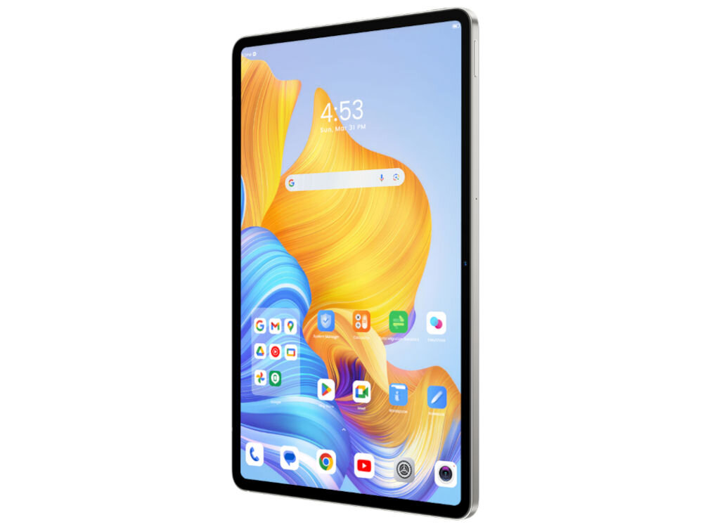 Tablet OSCAL Elite 1 12.1 cali 8/256 GB LTE Wi-Fi Srebrny prezentacja frontu pod kątem na białym tle ekran główny