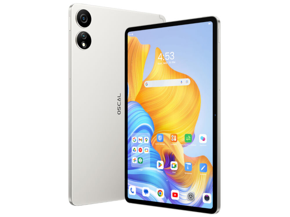 Tablet OSCAL Elite 1 12.1 cali 8/256 GB LTE Wi-Fi Srebrny prezentacja urządzenia tył i front pod kątem ekran główny ekran 12,1 cala rozdzielczość 1600 x 2560 px technologia FHD+ IPS wysoka jasność do 600 nitów panoramiczne proporcje 16:10
