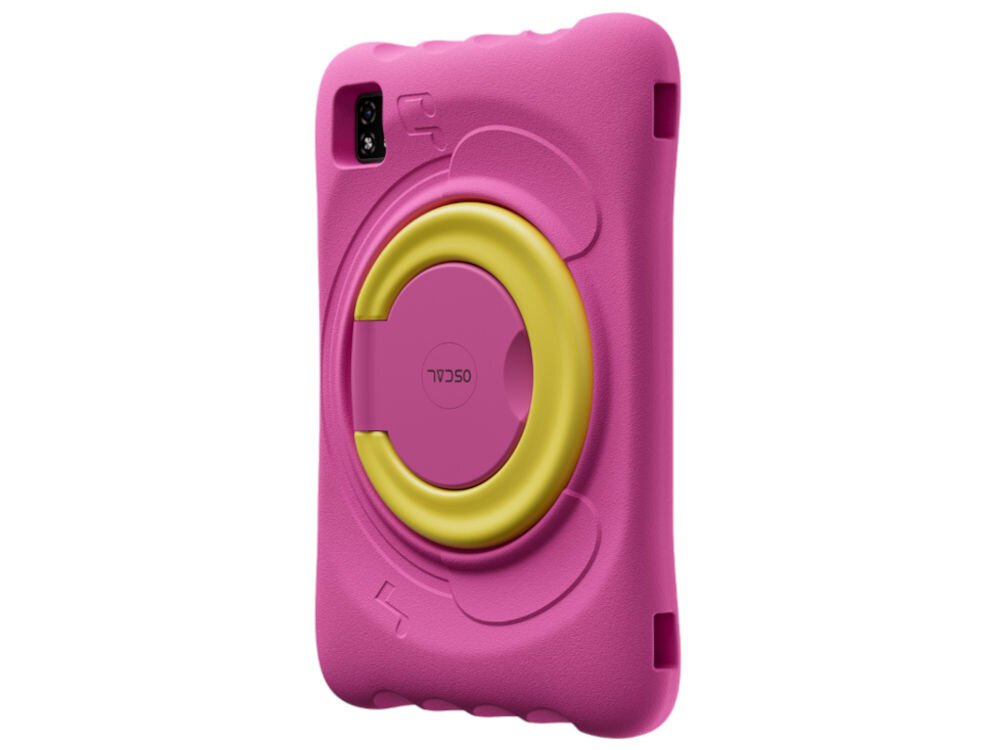 Tablet OSCAL Pad 60 Kids 10.1 cali 4/128 GB Wi-Fi Różowy prezentacja urządzenia od tyłu pod kątem na białym tle ośmiordzeniowy procesor Allwinner A523 ARM Cortex-A55 1.8 GHz 4 GB RAM 128 GB pamięci wewnętrznej wsparcie kart TF rozszerzenie pamięci przechowywanie materiałów edukacyjnych i aplikacji