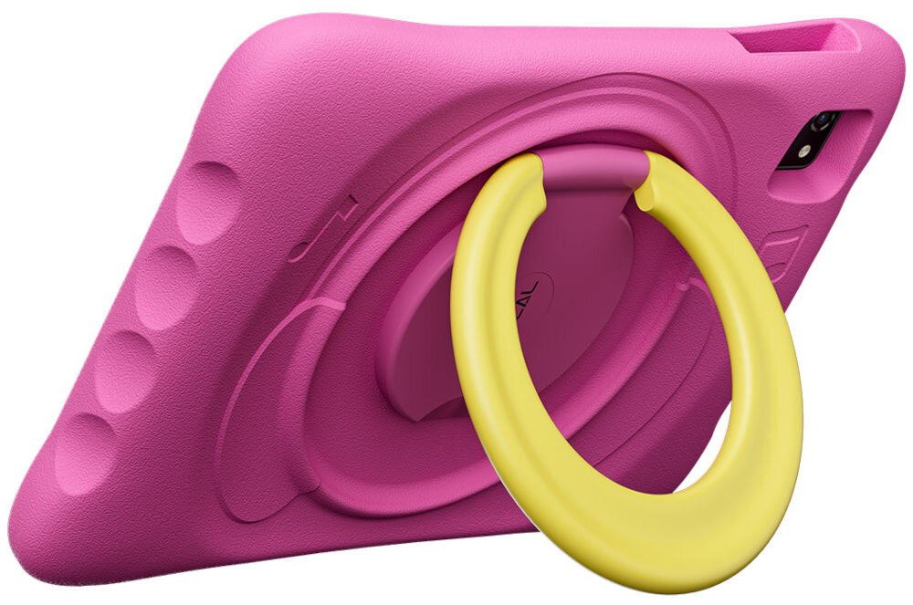 Tablet OSCAL Pad 60 Kids 10.1 cali 4/128 GB Wi-Fi Różowy prezentacja urządzenia od tyłu pod kątem na białym tle ekran IPS cala rozdzielczość 800 x 1280 px proporcje 16:10 jasność do 300 nitów szeroki kąt widzenia komfort oglądanie bajek granie w gry edukacyjne