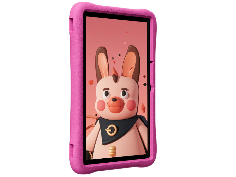 Tablet OSCAL Pad 60 Kids 10.1 cali 4/128 GB Wi-Fi Różowy prezentacja urządzenia od przodu pod kątem na białym tle Android 15 czujnik G-sensor