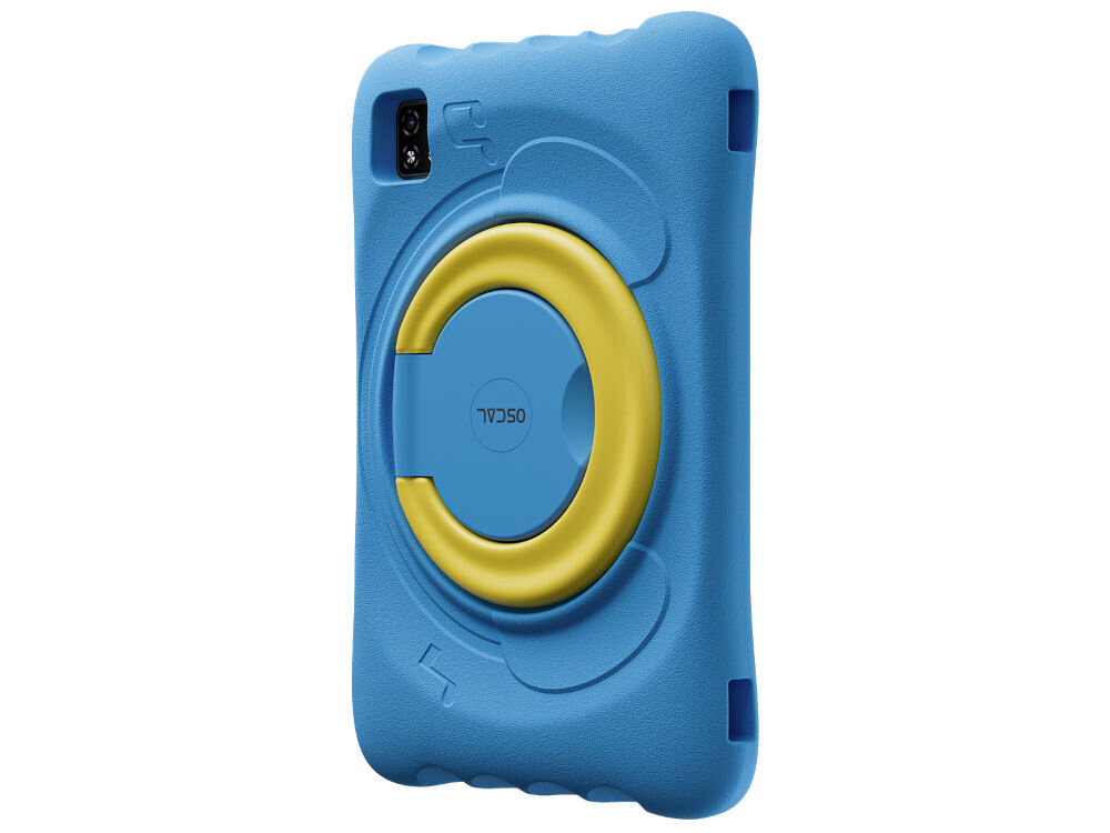 Tablet OSCAL Pad 60 Kids 10.1 cali 4/128 GB Wi-Fi Niebieski prezentacja urządzenia od tyłu na białym tle pod kątem Wi-Fi 6 Bluetooth 5.2 szybkie i stabilne połączenia bezprzewodowe nauka online oglądanie filmów gry