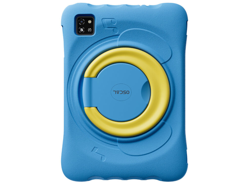 Tablet OSCAL Pad 60 Kids 10.1 cali 4/128 GB Wi-Fi Niebieski prezentacja urządzenia od tyłu na białym tle wymiary 242,7 × 161,5 × 8,5 mm waga 534 g w zestawie etui ochronne EVA zabezpiecza urządzenie ułatwia użytkowanie