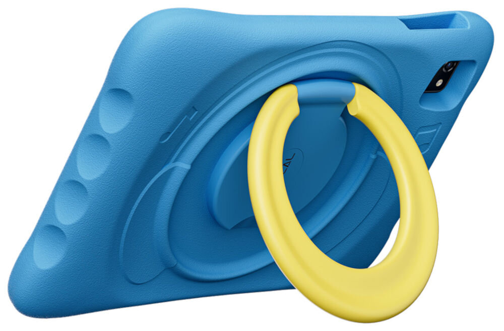 Tablet OSCAL Pad 60 Kids 10.1 cali 4/128 GB Wi-Fi Niebieski prezentacja urządzenia od tyłu pod kątem na białym tle dwa głośniki wsparcie formatów multimedialnych video MP4, 3GP, audio MP3, AAC oraz graficznych JPEG, PNG atrakcyjna rozrywka