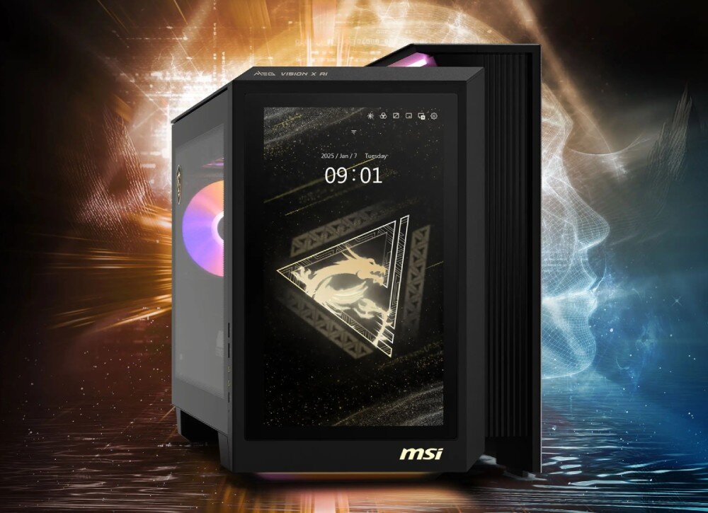 Komputer MSI MEG Vision X AI 2NVZ9-003EU Komputer z widocznym frontowym ekranem dotykowym wyświetlającym godzinę i symbol smoka, w tle efekt świetlny w barwach pomarańczowo-niebieskich, opis