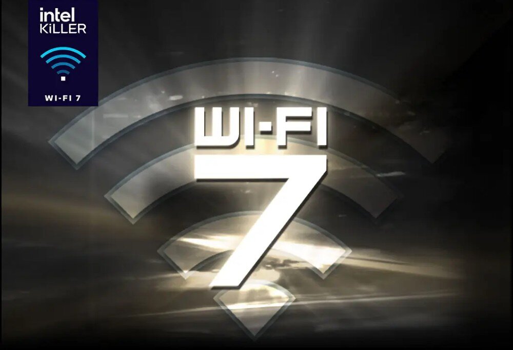 Komputer MSI MEG Vision X AI 2NVZ9-003EU Napis 'Wi-Fi 7' z logo 'Intel Killer' w lewym górnym rogu na tle promieni świetlnych, łączność Wi-Fi, karta sieciowa