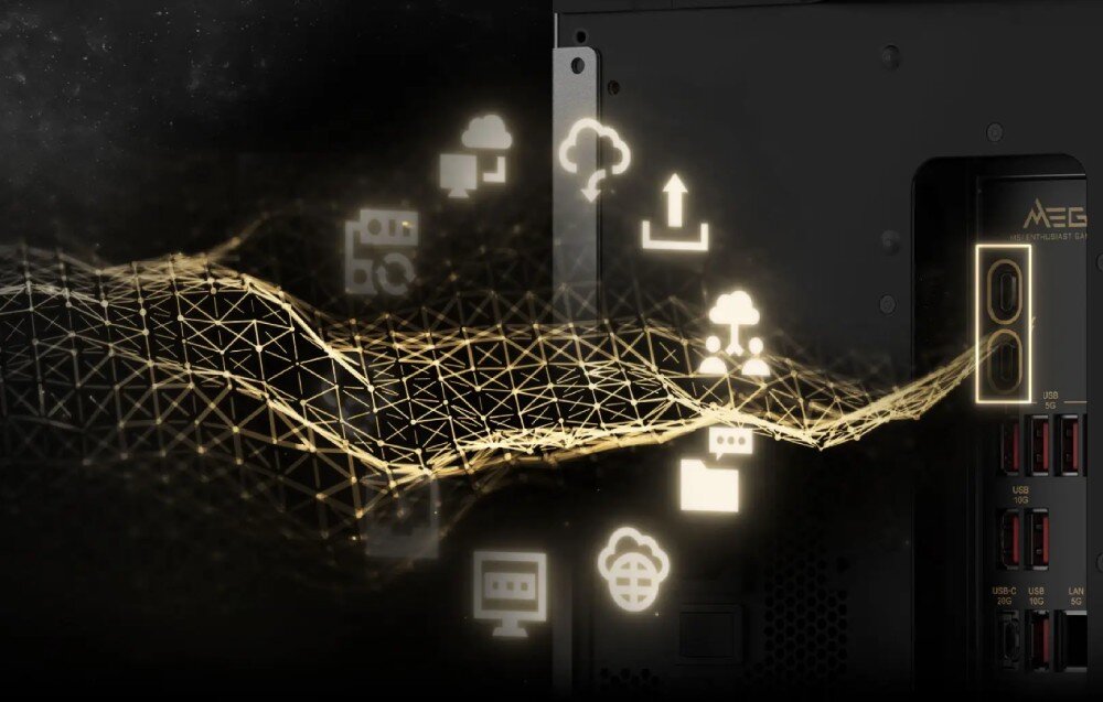 Komputer MSI MEG Vision X AI 2NVZ9-003EU Fragment tylnego panelu komputera z widocznymi portami i żółtymi ikonami symbolizującymi połączenie sieciowe, chmurę i przesył danych, porty, złącza