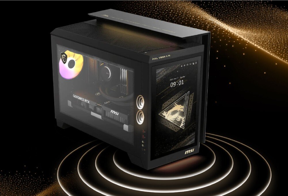 Komputer MSI MEG Vision X AI 2NVZ9-003EU Komputer z przezroczystym bokiem i ekranem frontowym, otoczony złotymi pierścieniami świetlnymi na tle ciemnego tła, dźwięk, audio