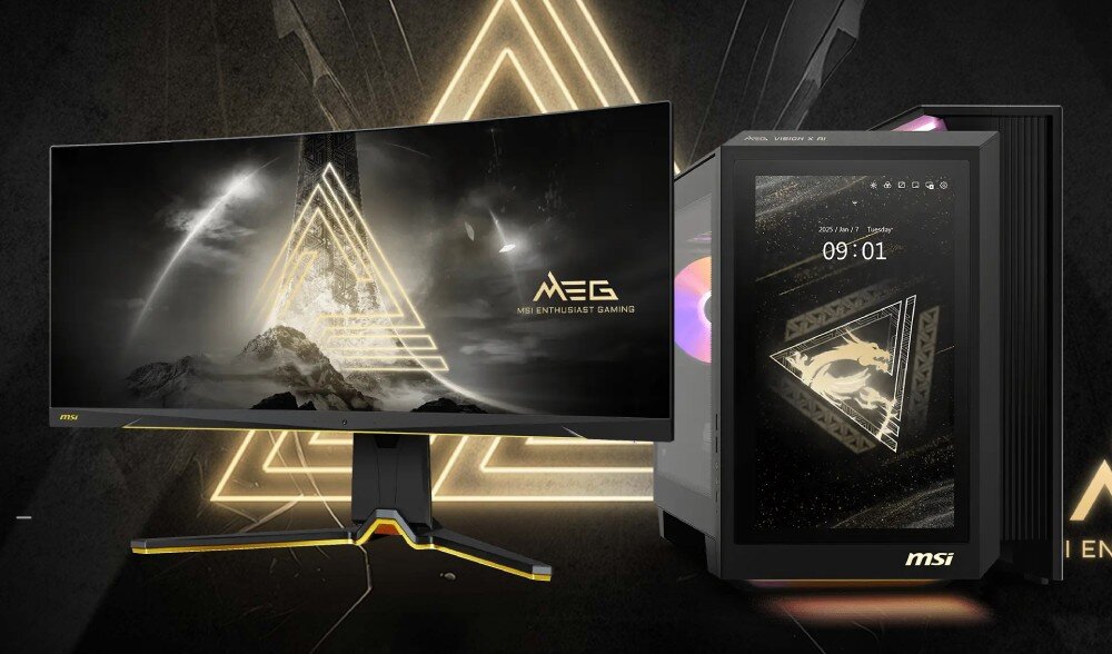 Komputer MSI MEG Vision X AI 2NVZ9-003EU Komputer obok szerokiego monitora panoramicznego, oba urządzenia prezentują ten sam motyw trójkąta i smoka na czarnym tle, cechy, zastosowanie
