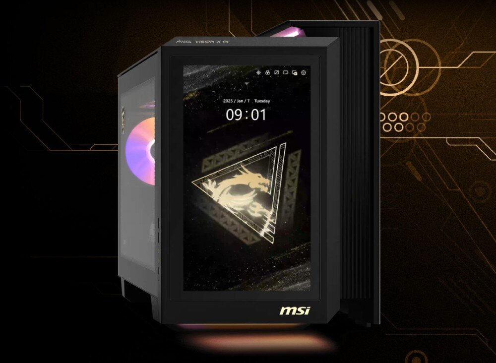 Komputer MSI MEG Vision X AI 2NVZ9-003EU Komputer z przeszklonym panelem bocznym i podświetleniem wentylatora, na ekranie frontowym wyświetlony symbol smoka, wyświetlacz, funkcje